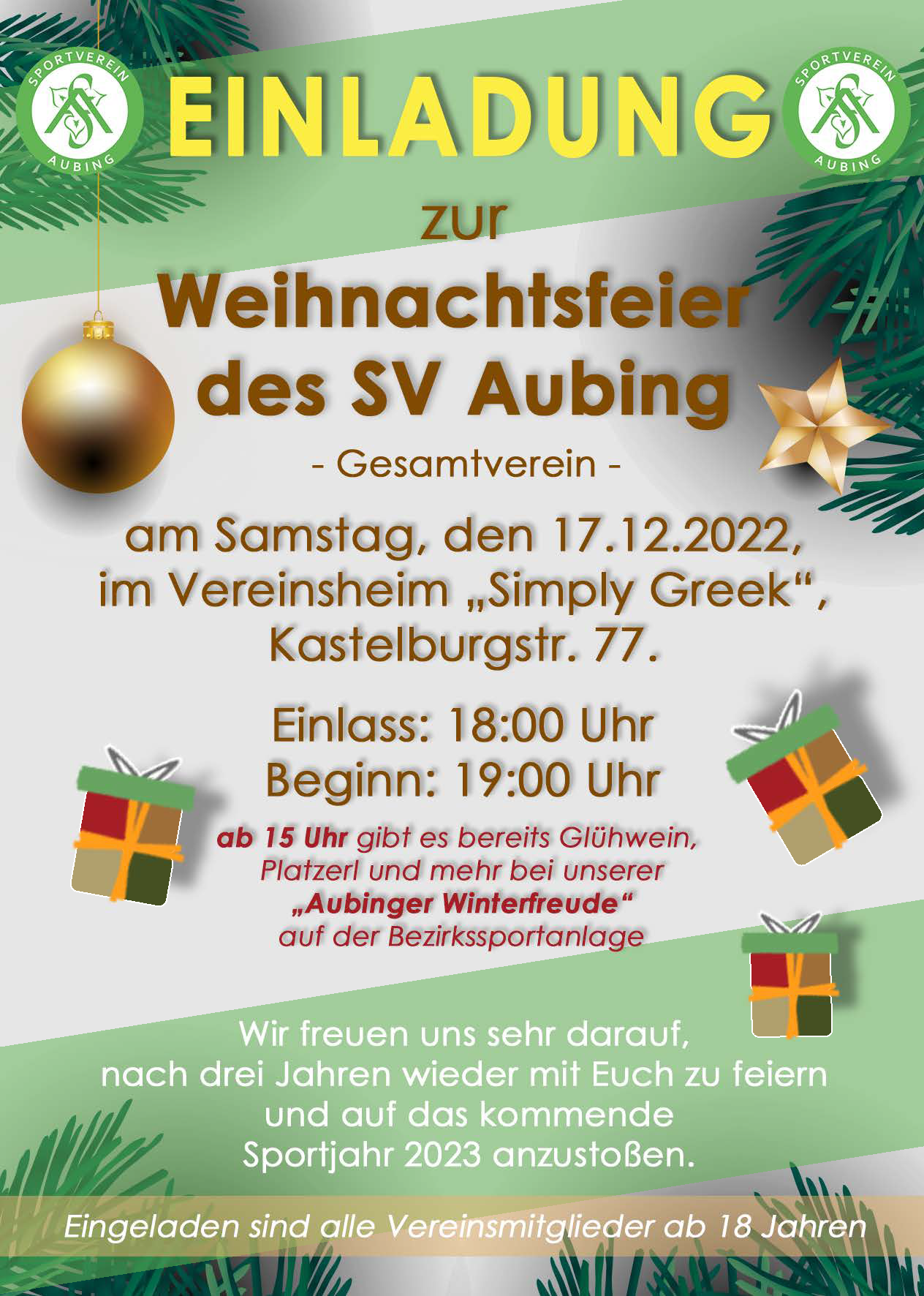 Weihnachtsfeier des Vereins am 17. Dezember 2022 SV Aubing e. V.