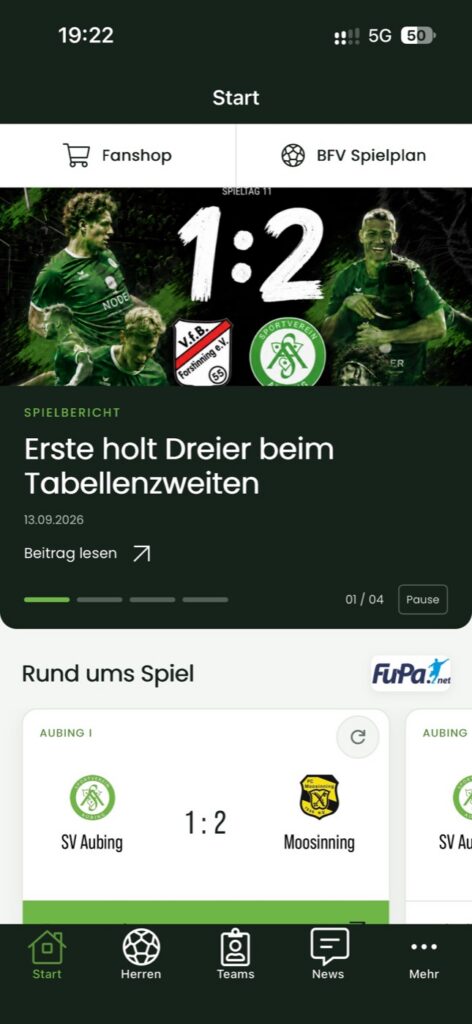 Startseite der SV Aubing App