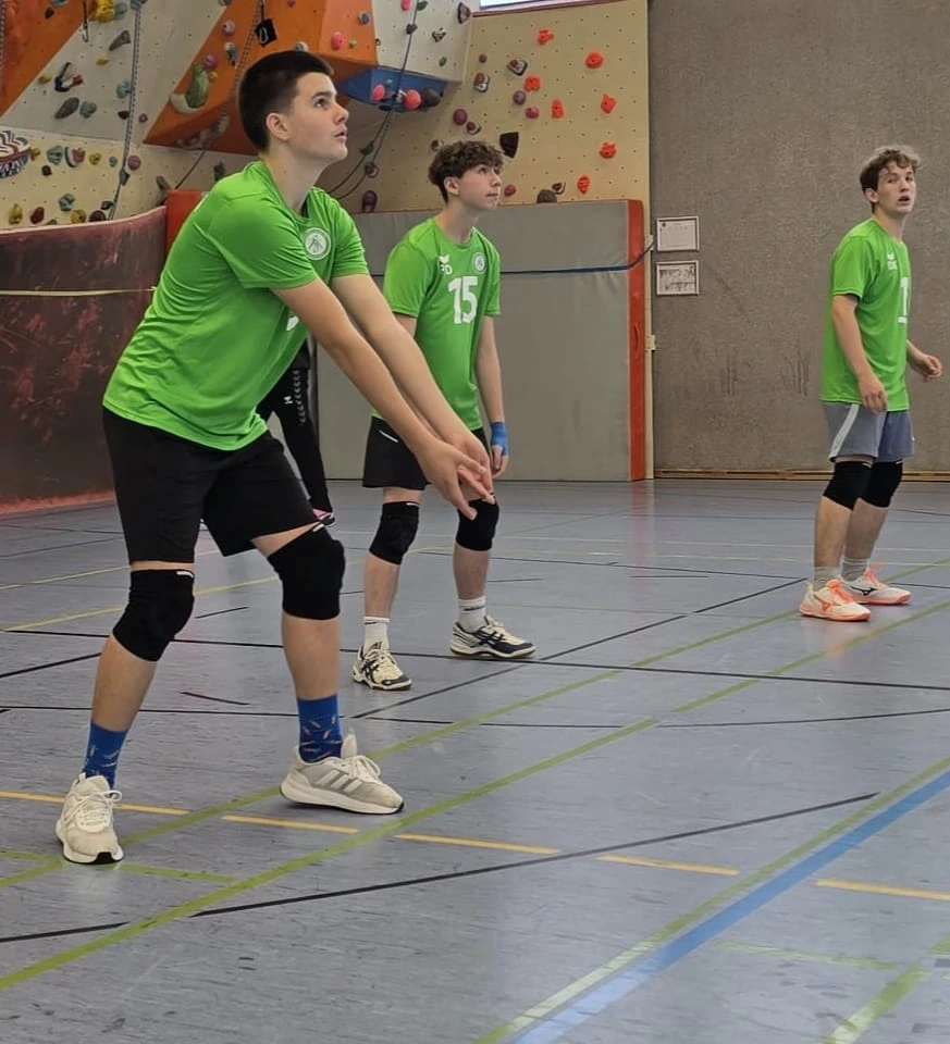 Drei Spieler der Aubing-Volleys in Annahmebereitschaft.