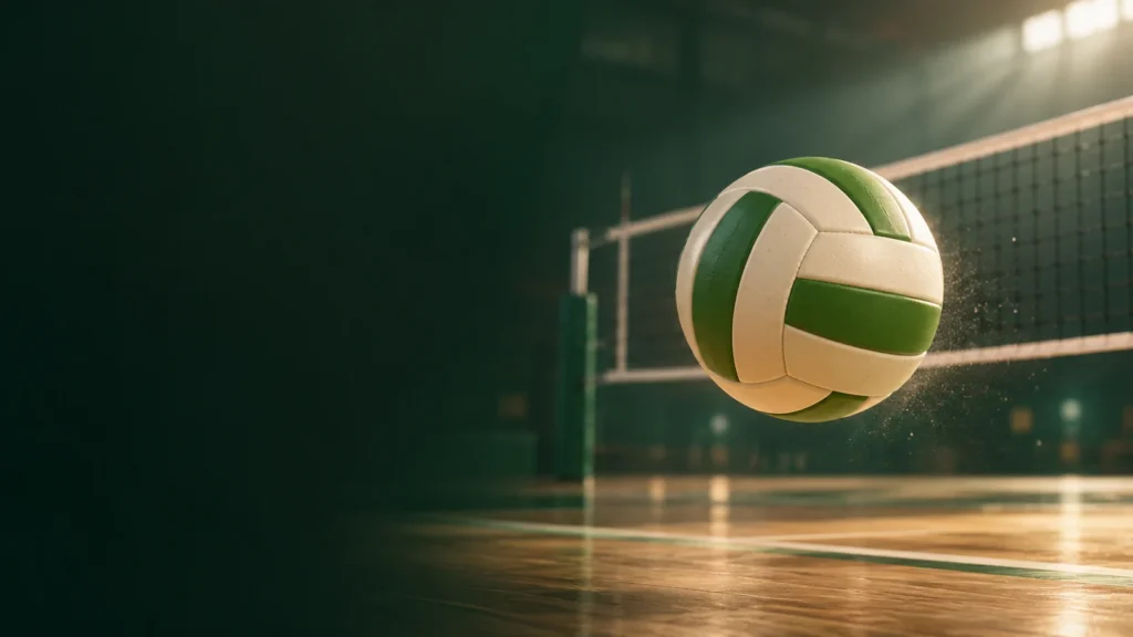 Grün-weißer Volleyball vor einem Netz in einer stimmungsvoll beleuchteten Sporthalle