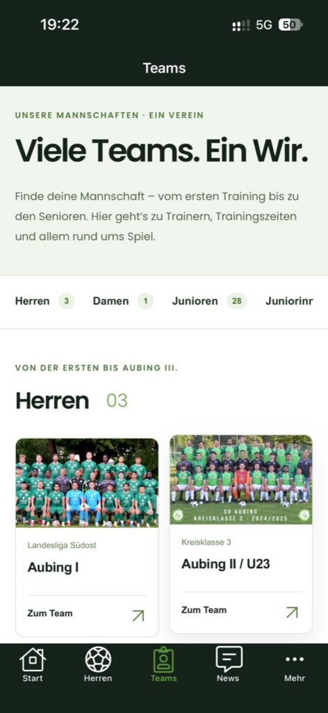 Mannschaften in der SV Aubing App